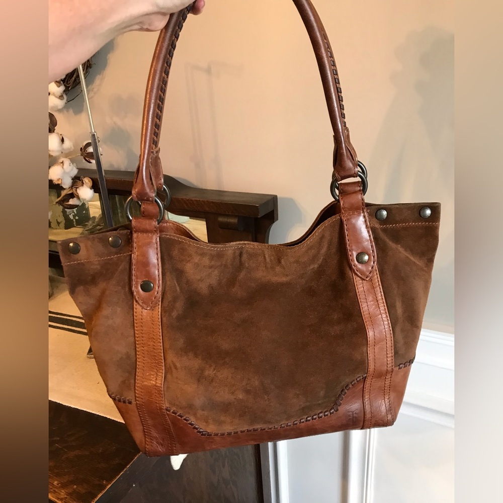 Frye Brown Suede and Leather Shoulder Tote - Picture 3 of 14